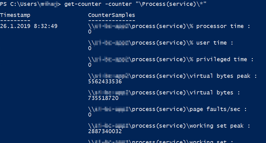 Get all performance counters of a service.exe process